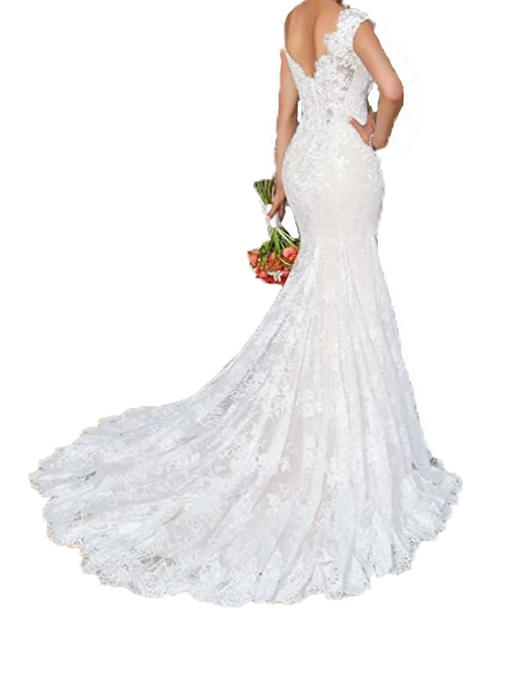 Women's Elegant Mermaid Skirt White Wedding Lace V-Neck Embroidered Bridal Gown 2020