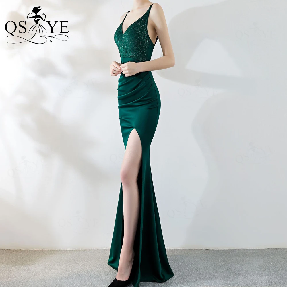 Emerald Evening Dress Sexy Split Long Prom Gown Hot Drill Bodice Party Dress Stretch V Neck Shoulder Straps Women Green Dress