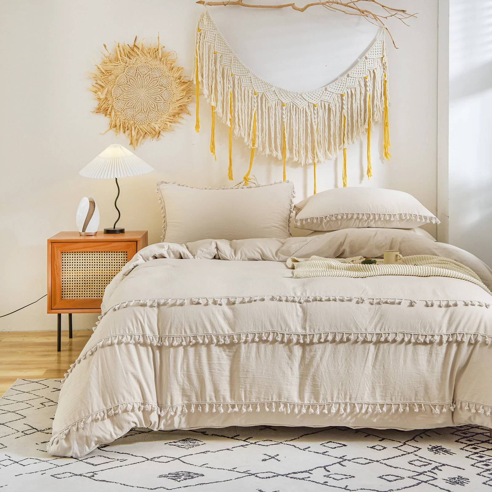 Beige Tassel Bedding Set Ivory Duvet Cover Set Light Grey Beige Tufted Tassel Fringe Shabby Chic Dropshipers Bedding Sets