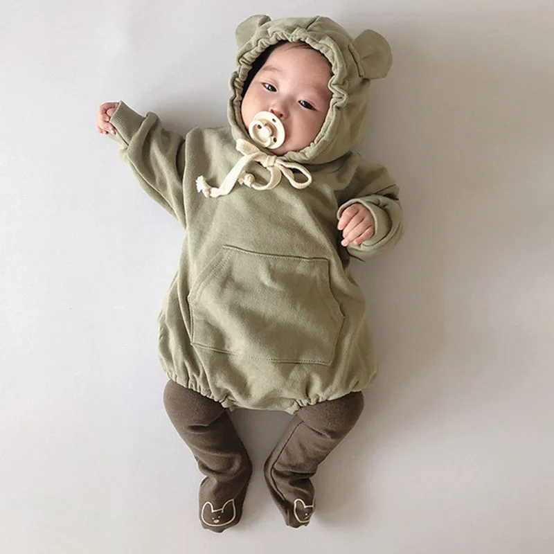 2023 Autumn New Children\'s Clothing Baby Bodysuits Kid Boys Bear Ears Hooded Jumpsuit Cotton Long Sleeve Baby Girl Bodysuit