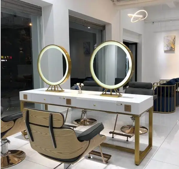 Barbershop mirror table with light double-sided hairdressing mirror table for hair salon special hair cutting mirror table