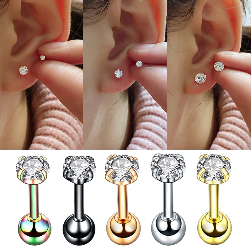 1Pair/2Pcs Small Round Cz Tragus Cartilage Stainless Steel 16G 4 Prong Ear Stud Earrings Tragus Helix Piercing Jewelry