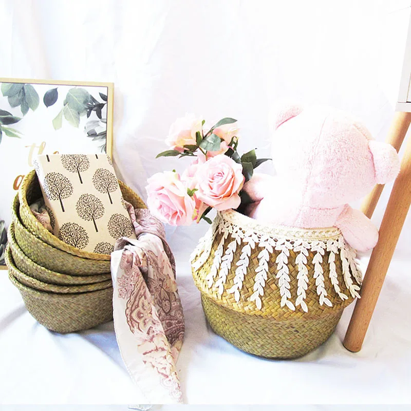 Natural Seagrass Basket Folding Wicker Macrame Tassel Basket Garden Flower Pot Clothes Laundry Storage Container Toy Holder