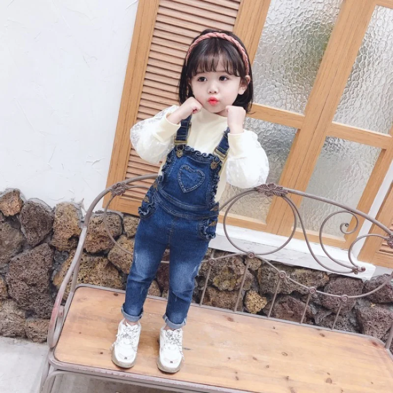 Kids Denim Jumpsuit Back To School New Fashion Children Overalls Jeans Heart Patten Design Kids Pants Boys Girls Jeans Trousers