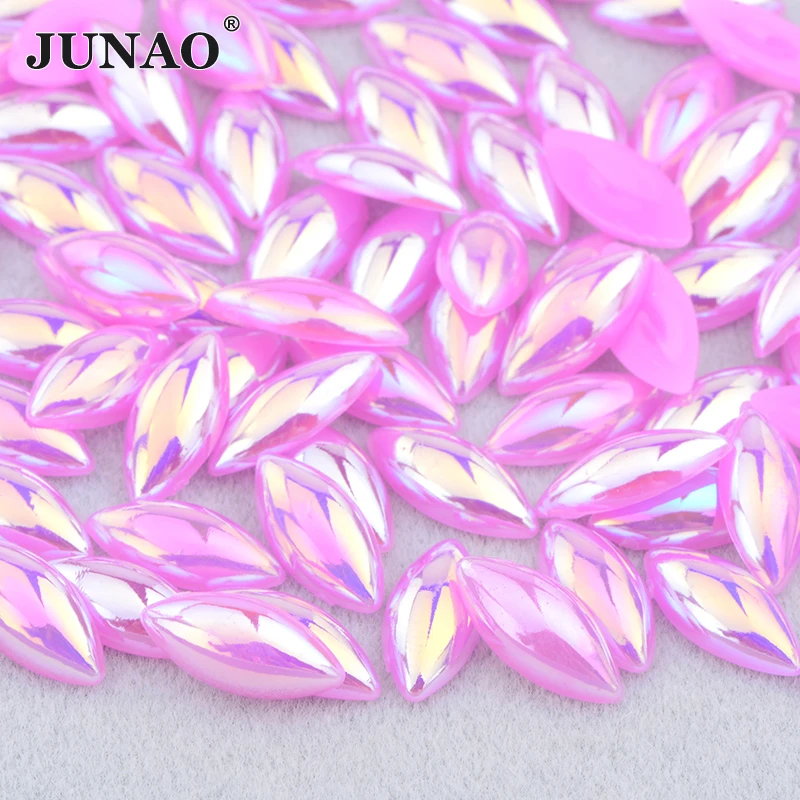 JUNAO 5*10mm 7*15mm Orange AB Flat Back Pearl Half Pearl Sticker Glue On Crystal Strass Acrylic Stones For Decorations