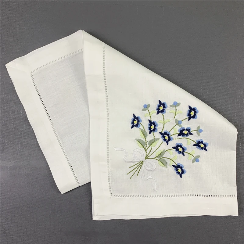 12 PCS Fashion Dinner Napkins white Hemstitched linen Table Napkin with Color Embroidered Floral Wedding Napkins