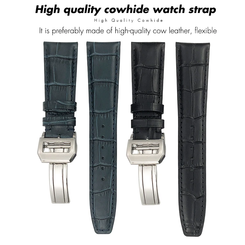 21mm 22mm Curved End Genuine Cow Leather Watchband Replacement for IWC Portugieser PILOT\'S Watches Folding Buckle Watch Strap