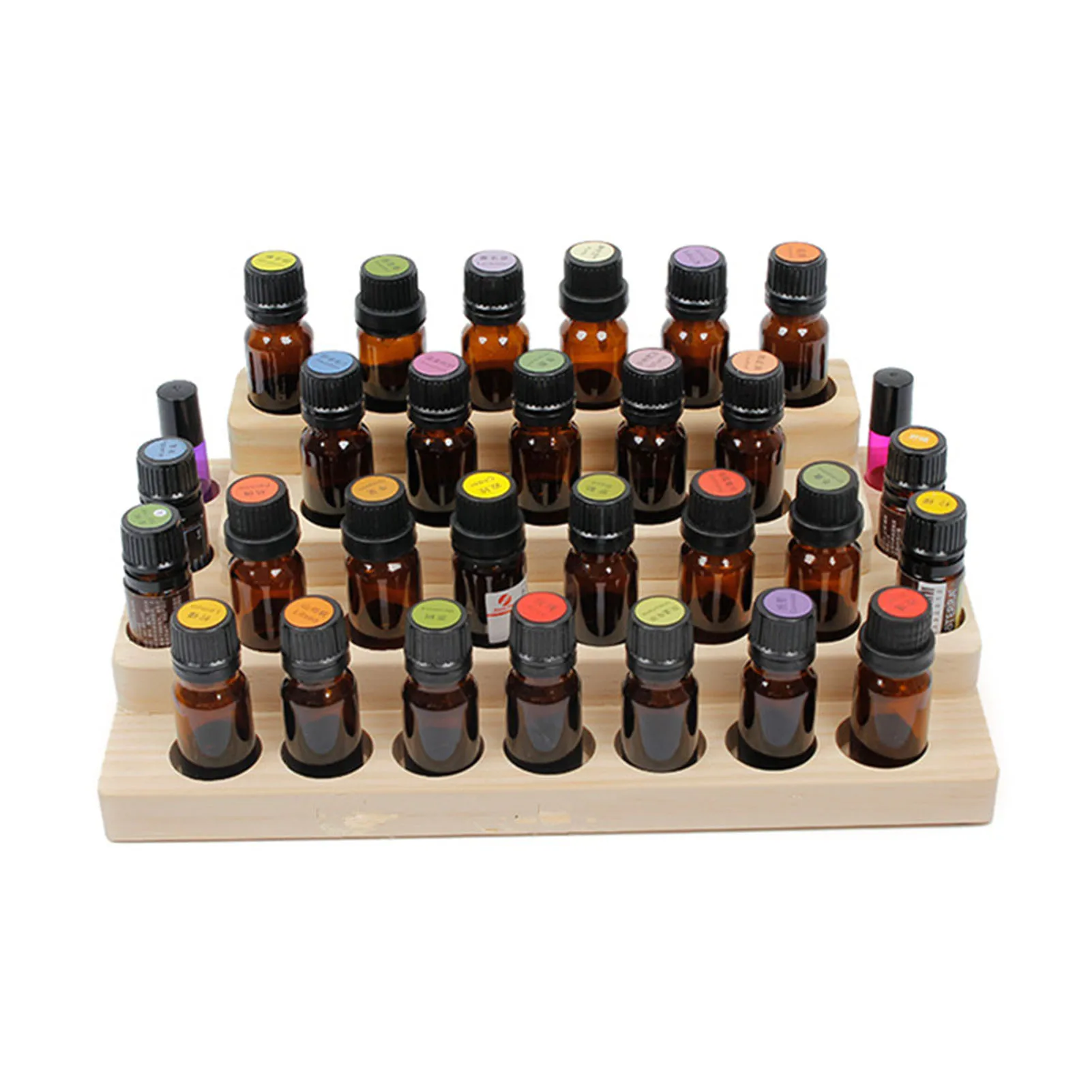 Caja de almacenamiento de aceite esencial, estante de madera de 4 niveles con 30 ranuras, organizador de botellas, soporte de exhibición de aceite esencial