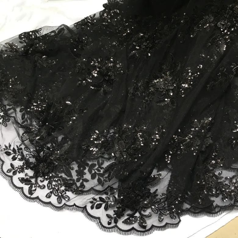 3D Sequin Flower Embroidery Lace Fabric, Dress Show Clothes, DIY Sewing, Black and Red, RS2469