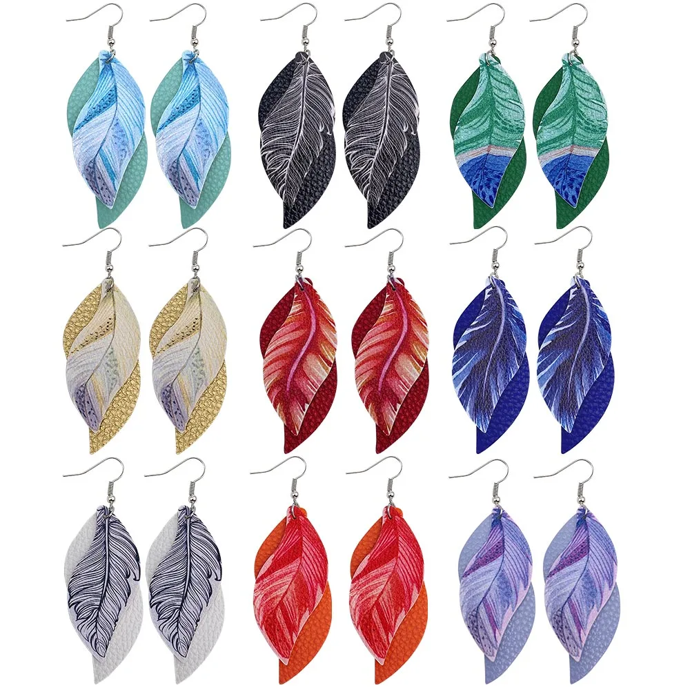 1Pair Multicolor Feather PU Leather Drop Earrings Double layer  Women Girls Wedding Party  Fashion Jewelry Gifts