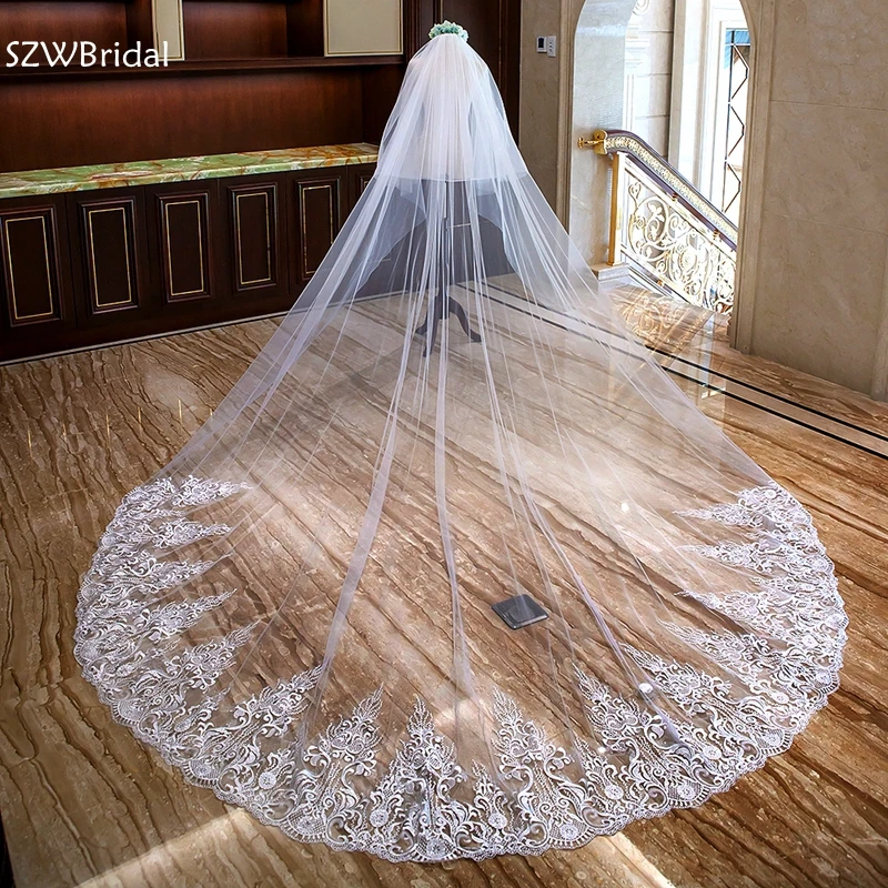 New arrival Ivory Welon wedding accessories Bridal veil voile mariage Cathedral wedding veil Lace Appliques boda wedding