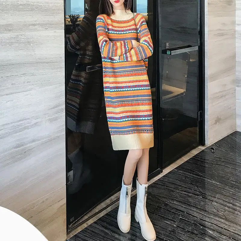 

Autumn Winter Vintage Stripe Loose and Thickened Bottom Knitted Pullover Sweater Dress Women