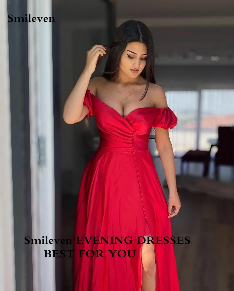 Smileven-vestido de noche rojo Formal, prenda de satén con hombros descubiertos, botones divididos laterales, con cremallera, para fiesta de graduación