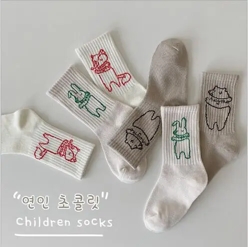 1-8Year 4 Pairs 2022 autumn and winter plain cartoon animal sports tube socks cute baby socks