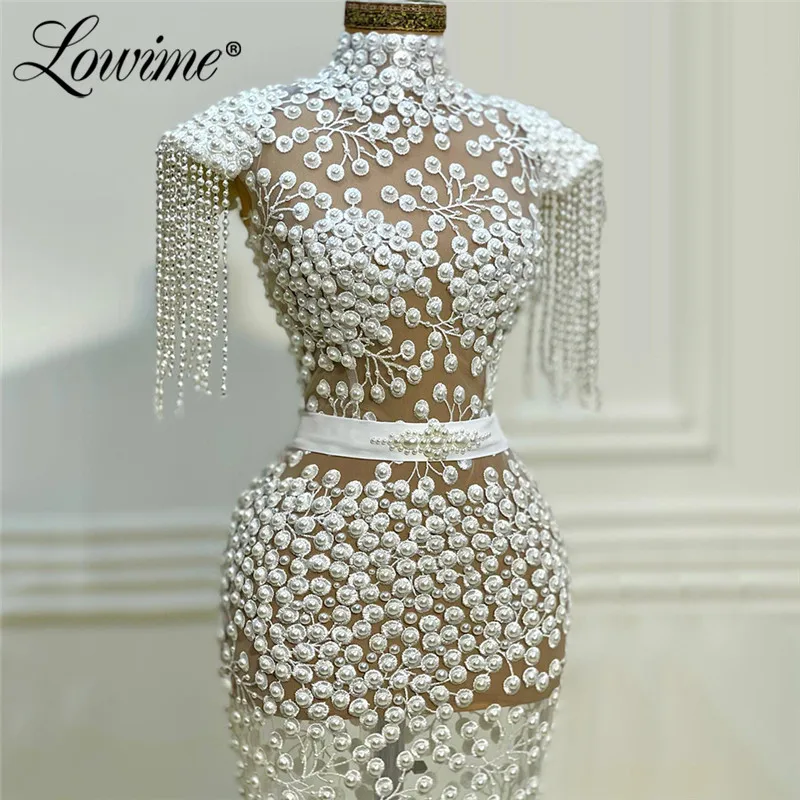 Lowime Pearls Evening Dresses Illusion Capped Sleeves Long Party Gowns 2021 Custom Made Lace Dubai Arabic Mermaid Prom Dress