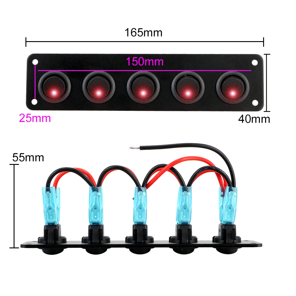 Round Dash Rocker Toggle Switch Panel Waterproof 12-24V 5 Gang for RV Boat Yacht MarineCar Marine Interior Parts LED