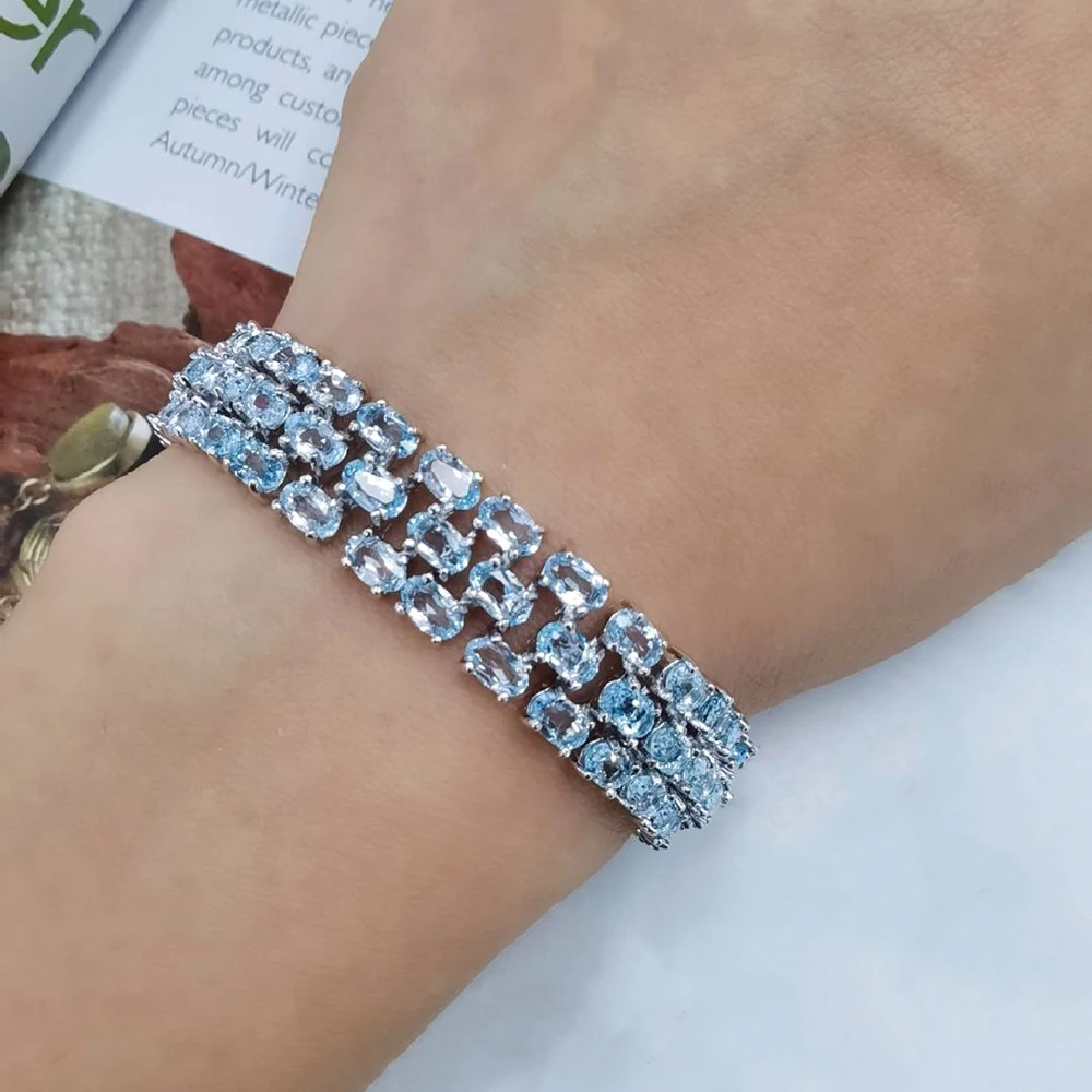 Luomansi 92 Natural Blue Topaz Three Row Bracelet 17 19CM 100%-S925 Sterling Silver Jewelry Anniversary Party Gift