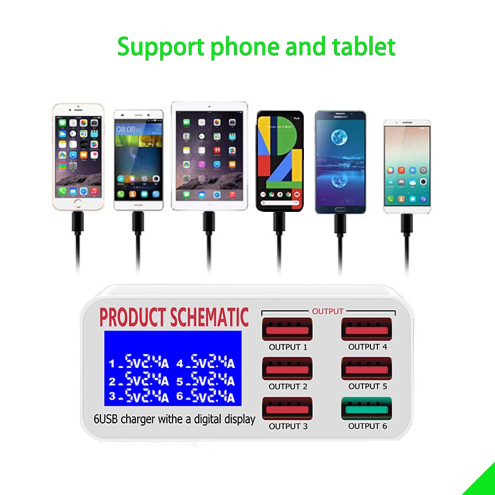 Caricabatterie USB QC3.0 con Display LCD 6 porte caricabatterie da tavolo per cellulare ricarica rapida intelligente per smartphone Tablet PC