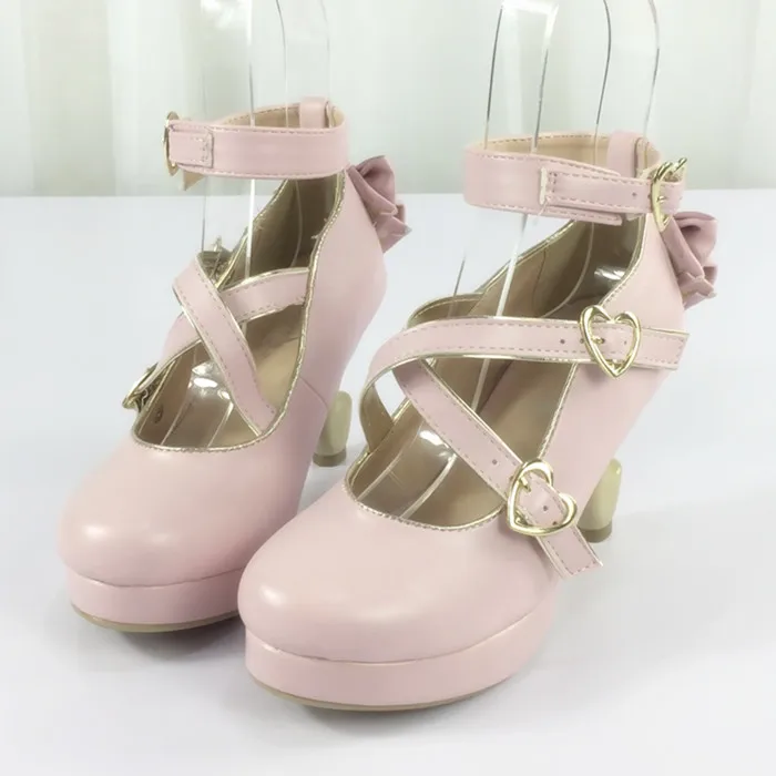 princess kawaii shoes tea party high heeled shoes cosplay loli Japanese vintage sweet lolita shoes cute bowknot cross strap