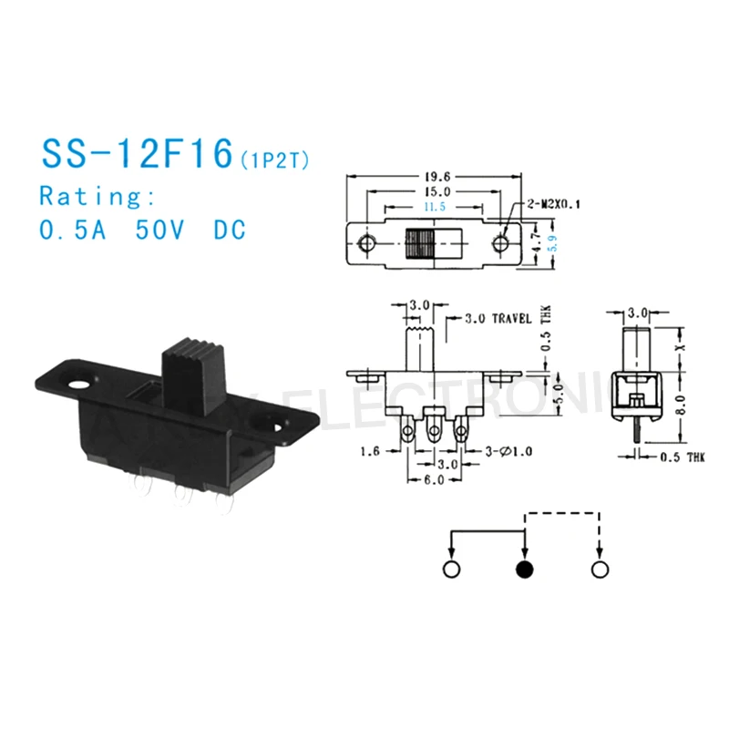 SS-12F16 1P 2T jednobiegunowy podwójny rzut przełącznik suwakowy 3 pin pionowy uchwyt typu wysokości mogą być dostosowane pin z otworami