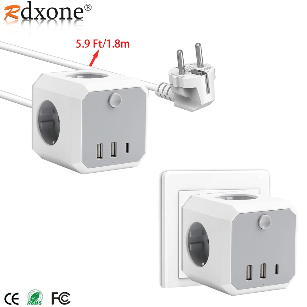 EU Plug Outlet Power Strip 4AC Socket 2USB Type C Charging Ports On/Off Swtich Wall Socket Desktop extension Outlets