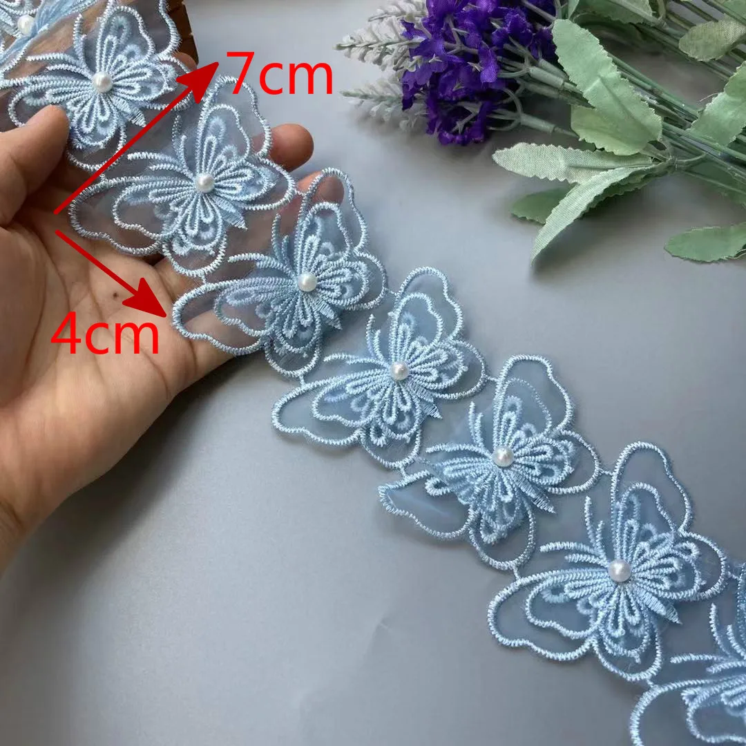 

1 Yard Blue Mesh Pearl Double Layer Bowknot Embroidered Lace Trim Ribbon Patches Applique Fabric Wedding Dress Sewing Supplies