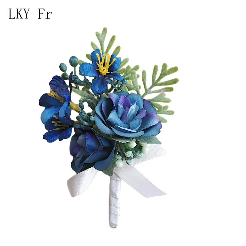 Lky Fr Corsage Wedding Boutonnières Blauwe Rozen Zijde Armband Bloemen Bruidegom Man Pak Knoopsgat Broche Pins Huwelijk Accessoires