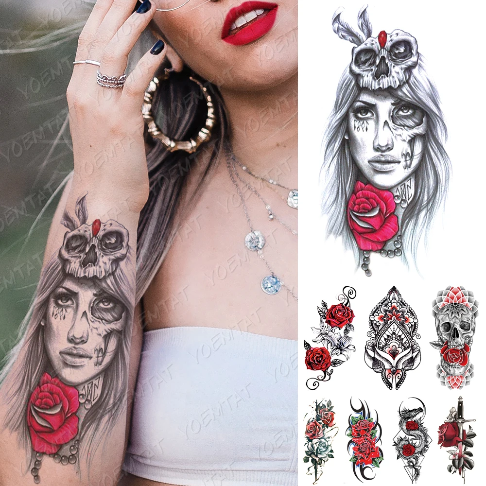 

Waterproof Temporary Tattoo Sticker Skull Rose Girl Zombie Tattoos Rose Heart Arrow Body Art Arm Fake Sleeve Tatoo Women Men