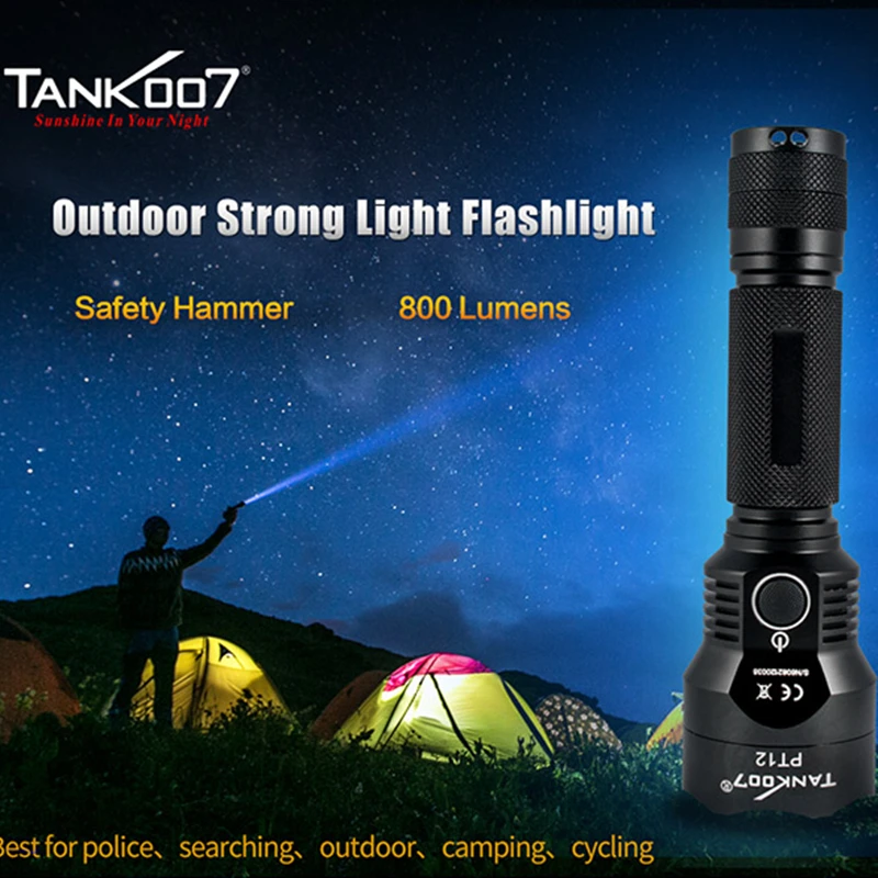 TANK007 Torcia tattica a LED ad alta potenza per ciclismo da campeggio all'aperto Torcia impermeabile da 800 lumen Martello di sicurezza affilato Ricarica di tipo C