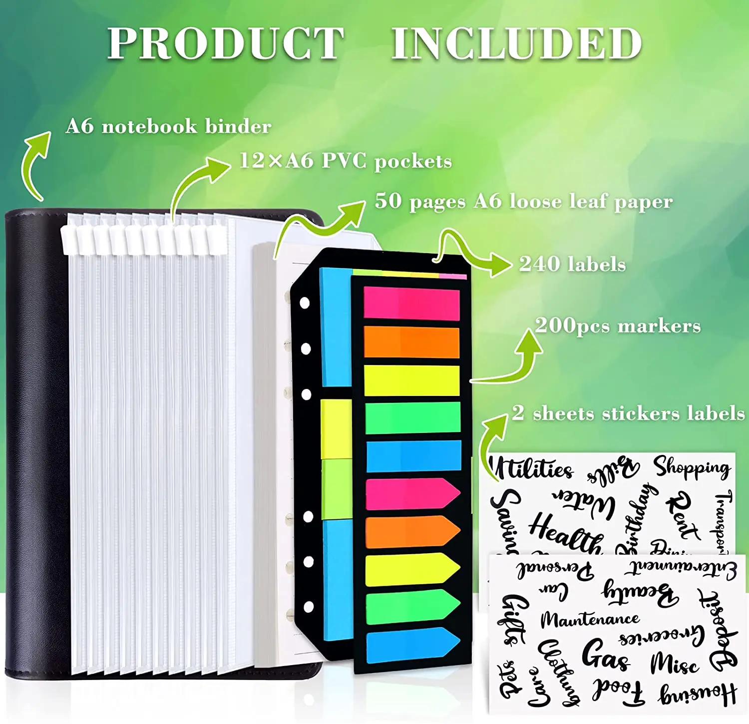 A6 PU Leather Notebook Binder Budget Planner Organizer with 12 Binder Pockets 50 Loose Leaf Paper 26 Categories Letter Sticker