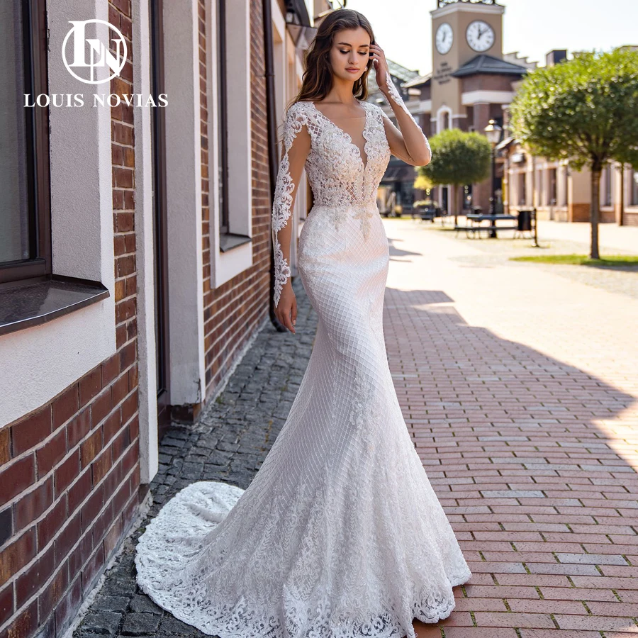 

LOUIS NOVIAS Mermaid Wedding Dresses Sexy Delicate Beading Appliques Long Sleeve Bridal Dress Backless V-Neck Vestido De Noiva