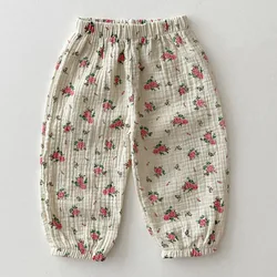 2024 New Summer Girls Linen Pants Baby Sweet Print Dots Apple Trousers Boys Casual Floral Pants Toddler Soft Pants