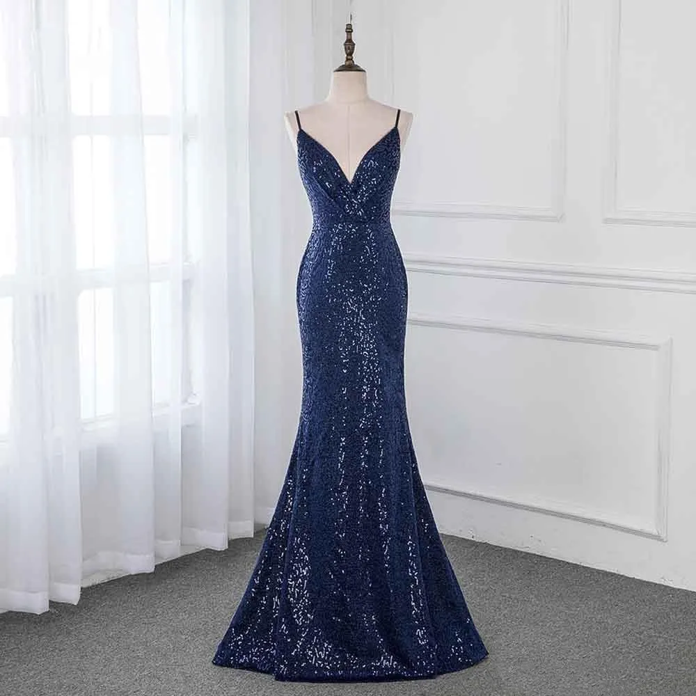 Vestidos de dama de honor azul marino con escote en V profundo y tirantes, Espalda descubierta, lentejuelas brillantes, sirena, barato, para invitados de boda, fiesta de graduación, vestido Formal