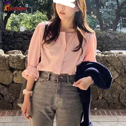 2020 Autumn Cute Chic Tops Korea Japan Style Girls Preppy New Design Casual Loose Women Pink Top Single Breasted Button Shirts