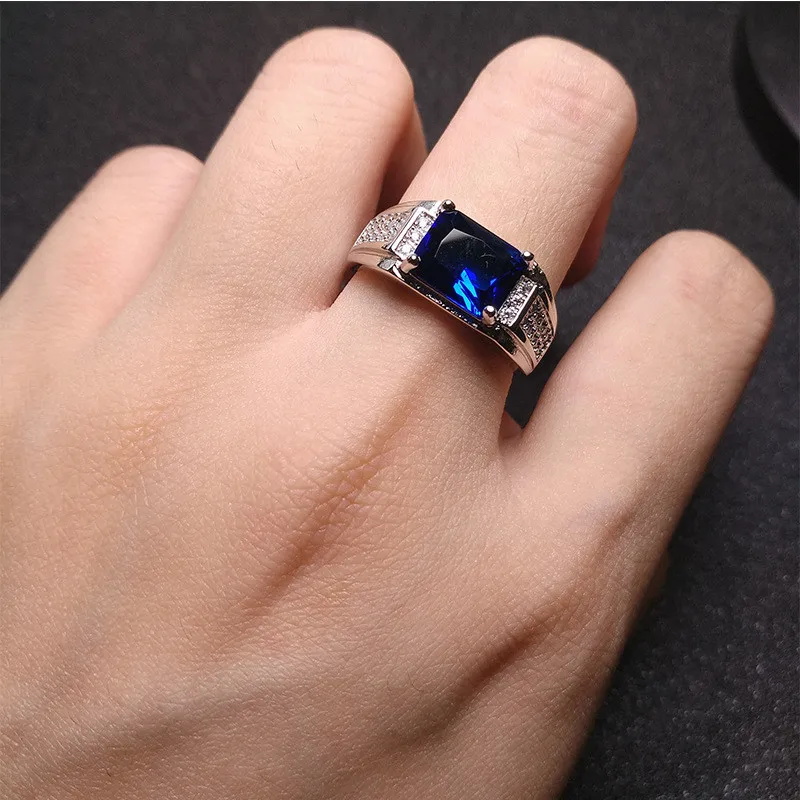 Blue Crystal Sapphire Topaz Gemstones Zircon Diamonds Rings for Men 18k White Gold Filled Jewelry Bague Trendy Bands Accessories