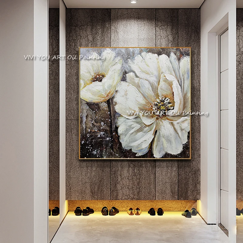 

Abstract 100% Hand-painted Canvas White Flower Oil Painting Wall Art Modern Flower Pictures For Office Room Nordic Home Decor