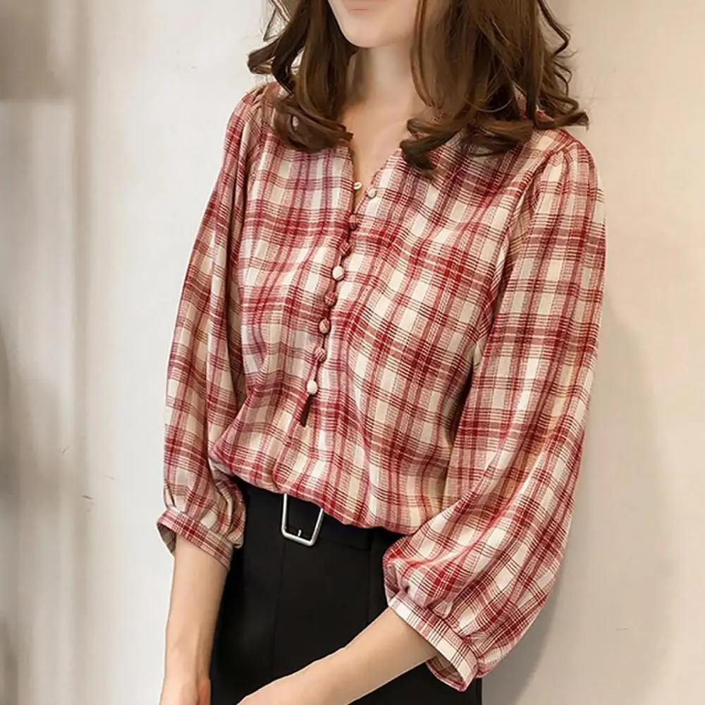 2021 Autumn Vintage Plaid Shirts Women 3/4 Puff Sleeve V Neck Buttons Loose Blouse Streetwear Fashion Ladies Blouse