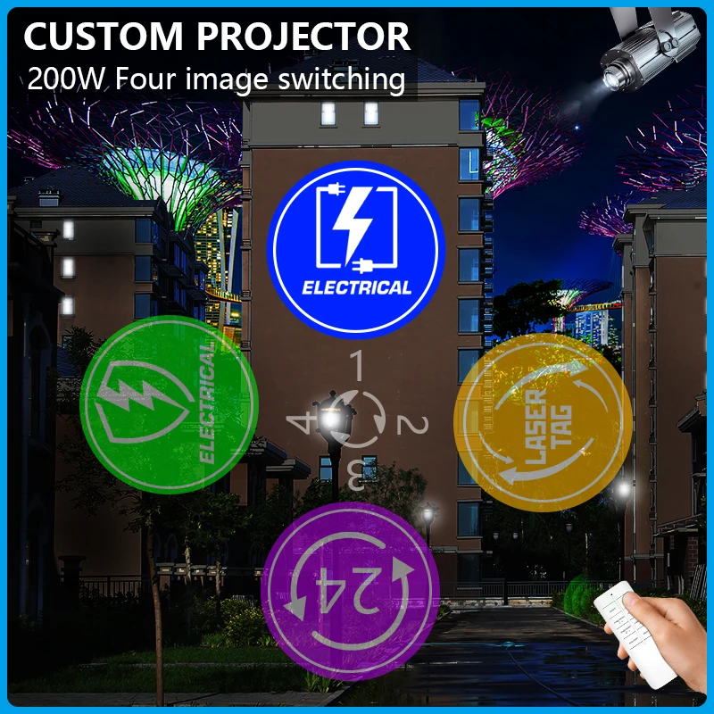 

Custom HD 200W Four Image Indoor Door Head Outdoor ip67 Waterproof Rotating Advertising Projection Lamp Gobo Logo Projector