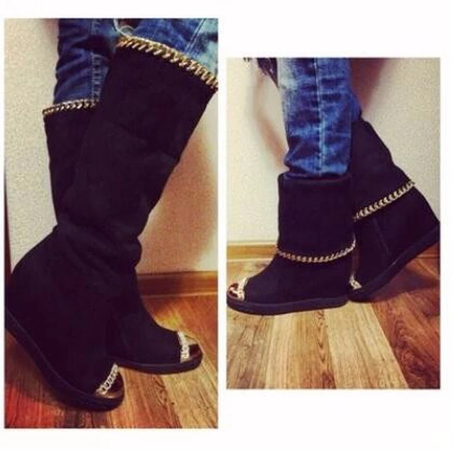 

Bling metal round toe wedge boots black suede gold chains height increasing knee high boots woman fashion boots