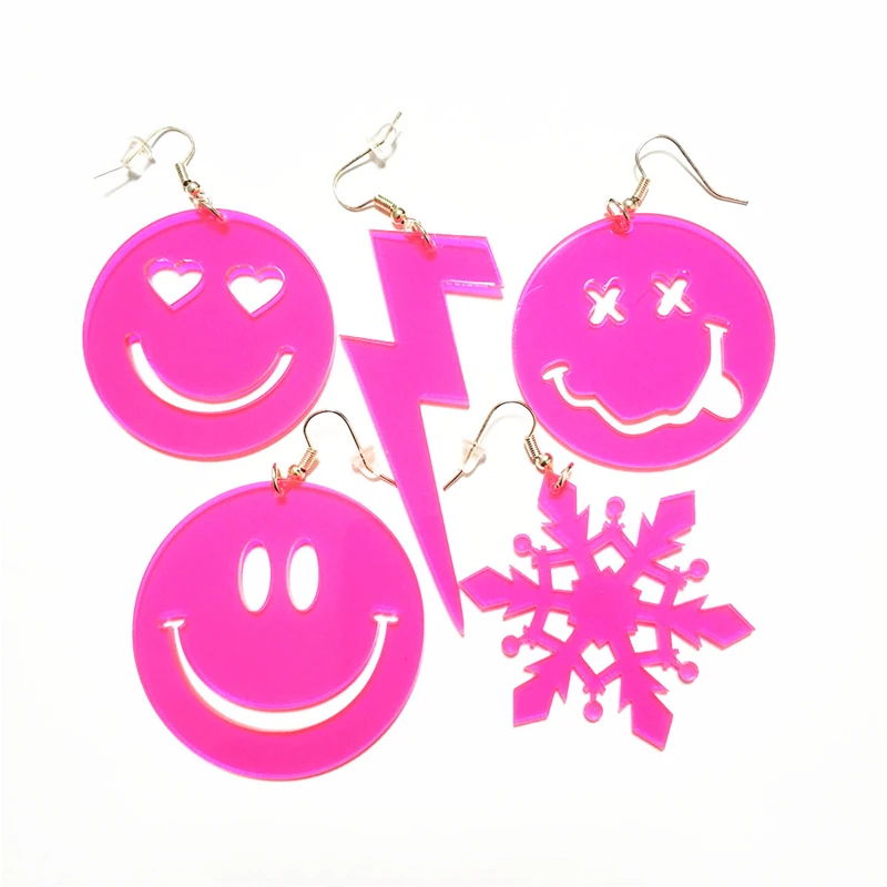 KUGUYS Hot Pink Cute Drop Earrings for Women Dangle Jewelry Face Star Lightning Snow Acrylic Fashion Festival Party Accessories