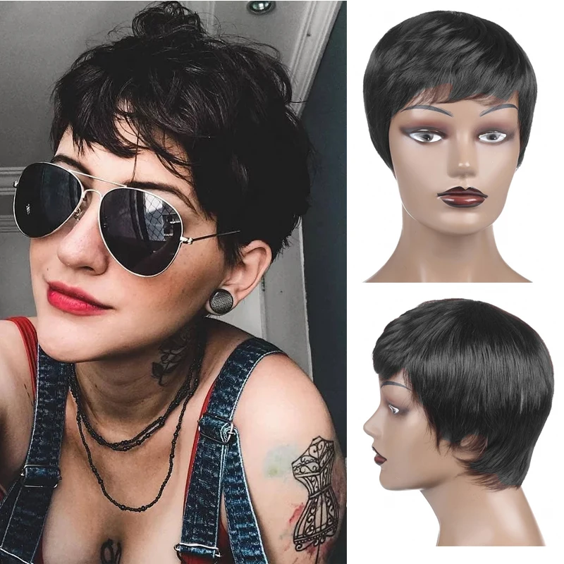 Synthetic Short Black Pixie Cut Wig Layered Cut Hair Natural Wavy Heat Resistant Fiber Hair Wigs for Women Girls