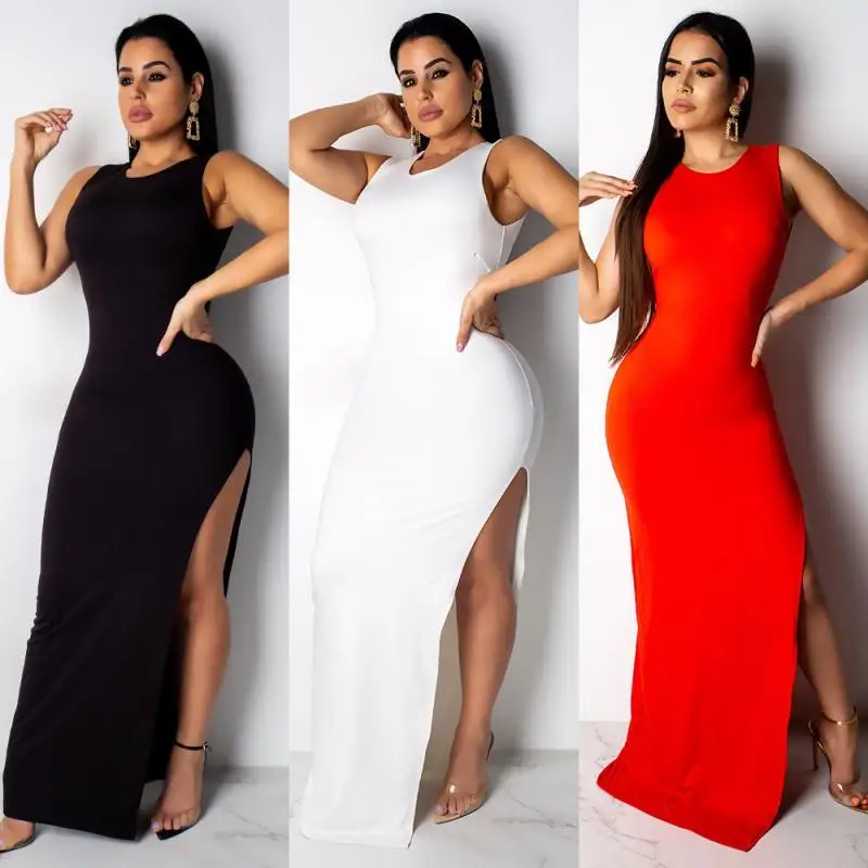 Summer solid color one-button halter personalized back metal belt dress elegant temperament slit sleeveless dress