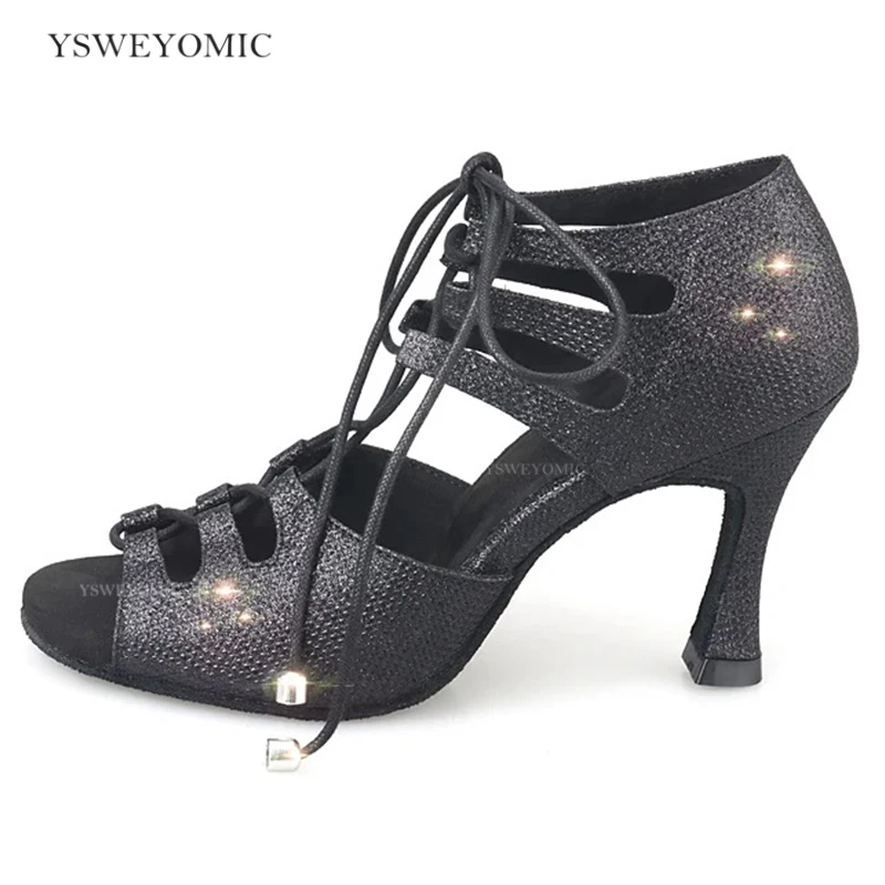 Latin Salsa Bachata Ballroom Dance Shoes flexible High Quality Black Shiny Glitter Women Latin Dance Shoes in Suede Outsole