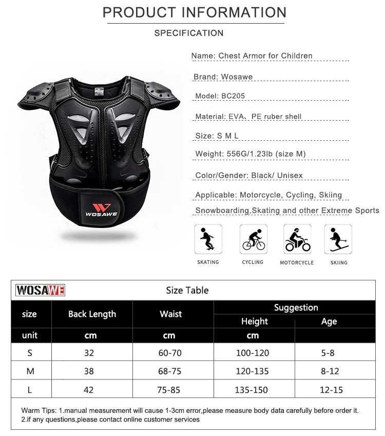 WOSAWE Children\'s Armor Jacket Spine Chest Protection Equipment Motocross Skateboard Moto Jacket Motorcycle Gear Moto Kids Armor