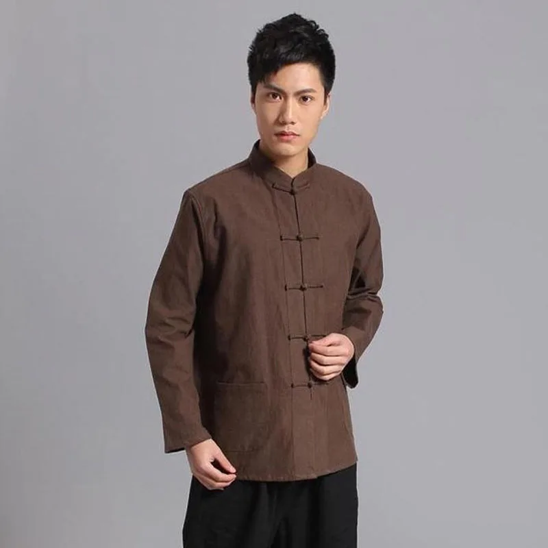 100%Cotton Traditional Chinese Clothes Long Sleeve Tang Suit Top Kung Fu Tai Chi Uniform Spring Autumn Shirt Blouse Coat for Men