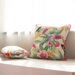 Orange Red Piping Velvet Cushion Cover Flower Bird Printed Pillow Case Soft Pillow Cover No Balling-up Without Stuffing