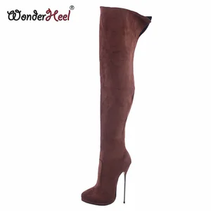 Wonderheel novo 16cm plataforma de salto de metal ultra fino extremo salto alto camurça couro sexy maravilha meninas boate coxa botas altas 8 principais vendas botas mulher maravilha - №6