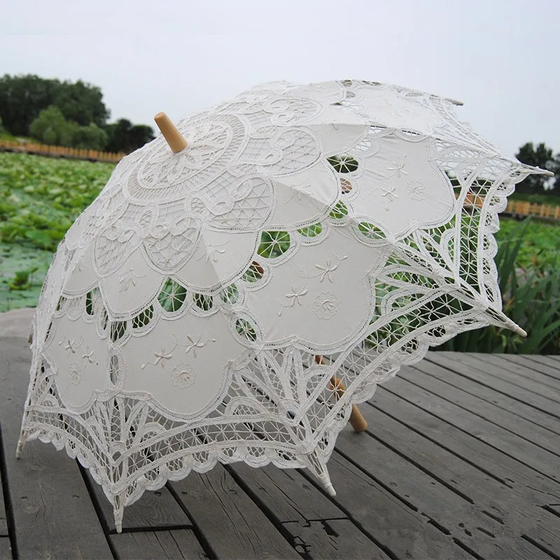 New Sun Umbrella Cotton Embroidery Bridal Umbrella White Ivory Battenburg Lace Parasol Umbrella Decorative Umbrella For Wedding