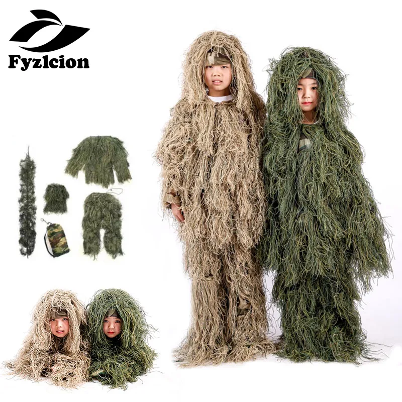 

Woodland Camo Sniper Ghillie Suit for Children, Tactical Uniform, Army Clothing, Geely Hunting, Clothes for Kids