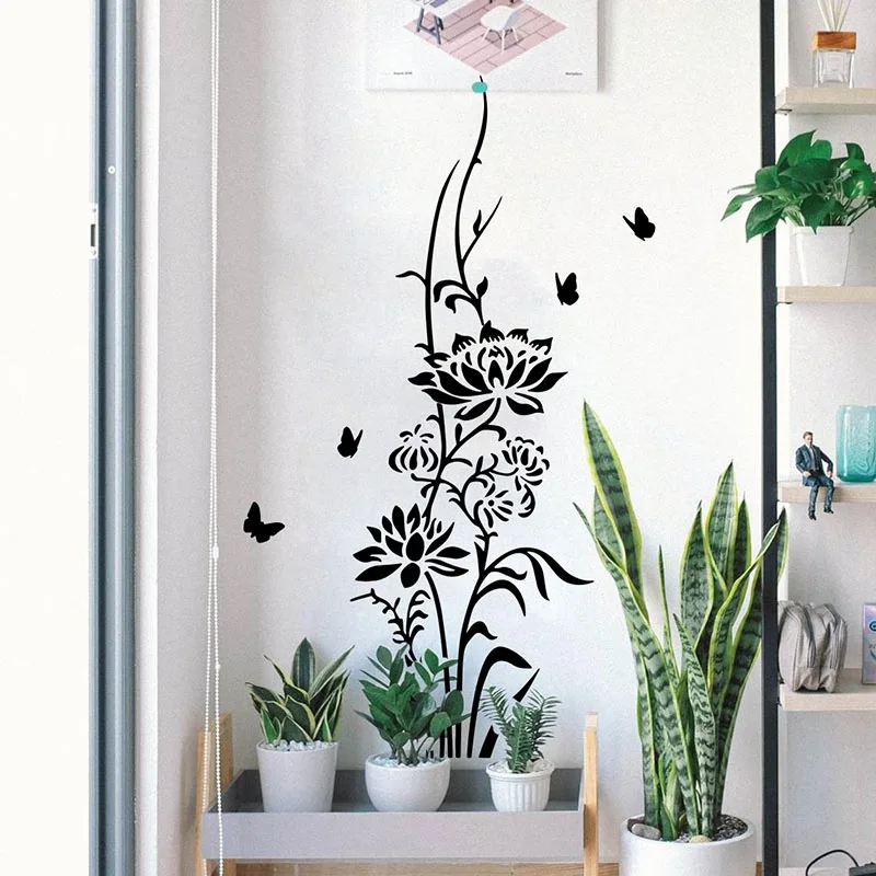 Large Lotus Flower Butterflies  Yoga Wall Sticker Bathroom Living Room Floar Lotus Plants Nature Wall Decal Kids Room Deco